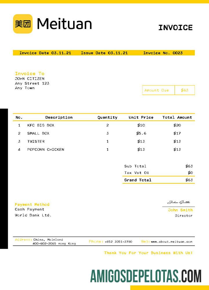 imprimível Modelo de fatura Meituan dos EUA